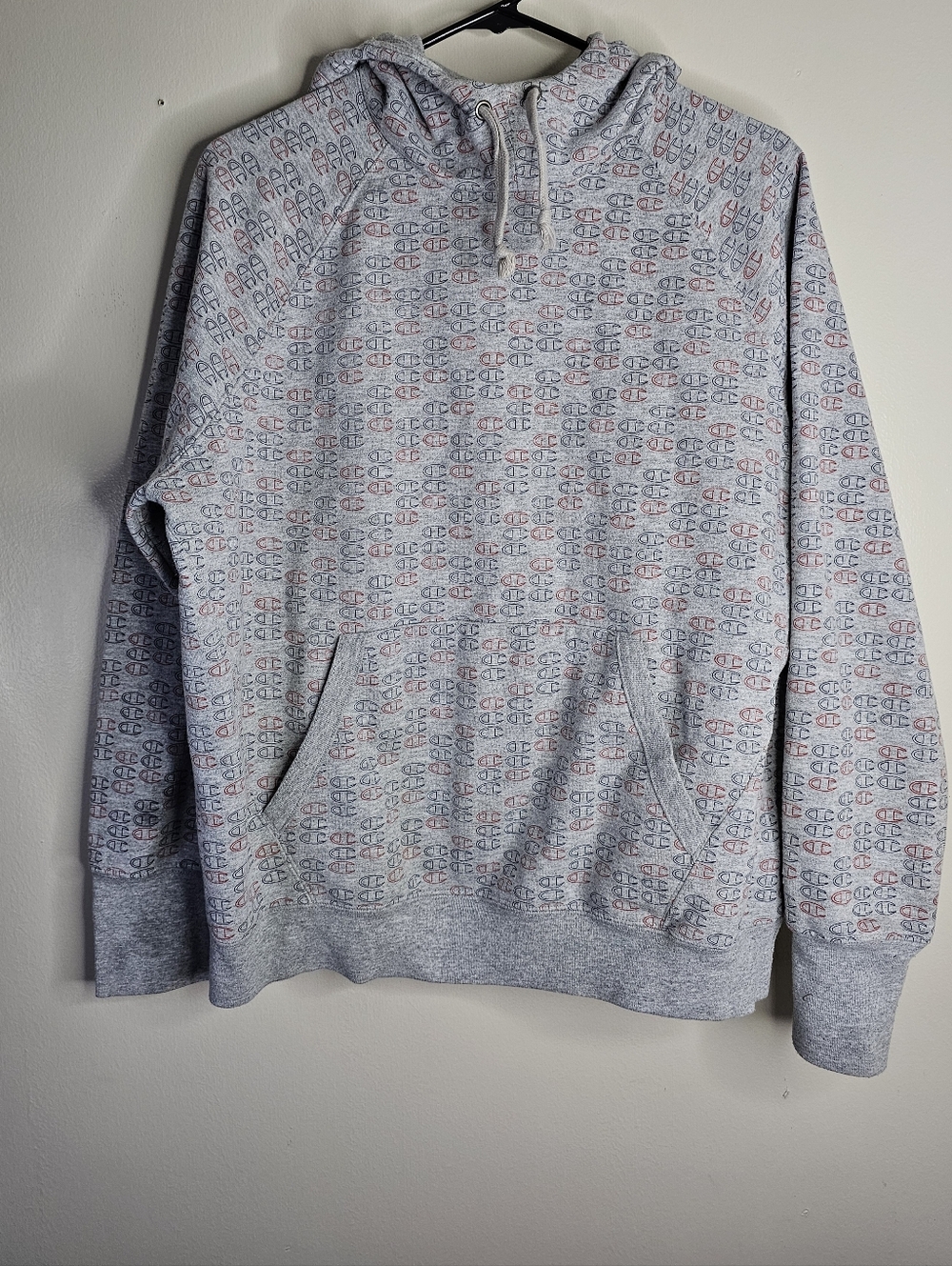 Champion Gray All-Over Logo Hoodie with Red Accent